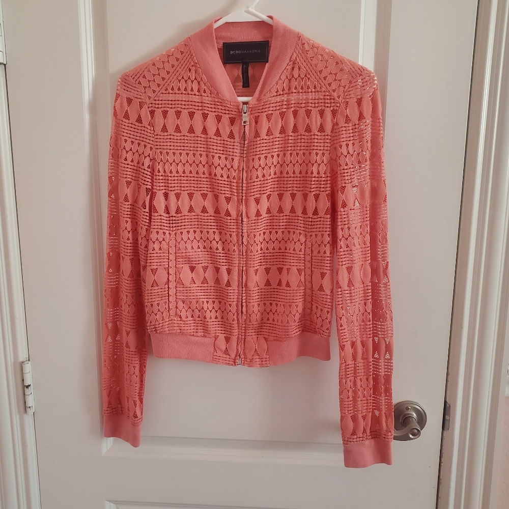 BCBGMaxazria light Pink Lace Bomber Jacket